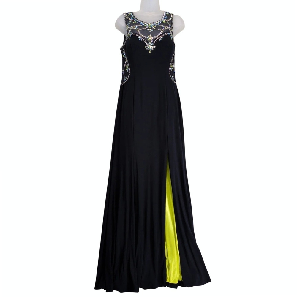 Betsy & Adam Navy Maxi Dress Sz 12 Beaded Mesh Upper/Back Leg Slit Prom Evening